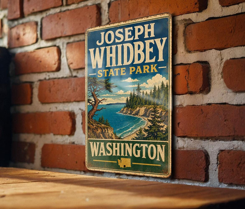 A vintage-style metal sign for Joseph Whidbey State Park in Washington, featuring a scenic landscape with a cliff, pine trees, and a body of water.