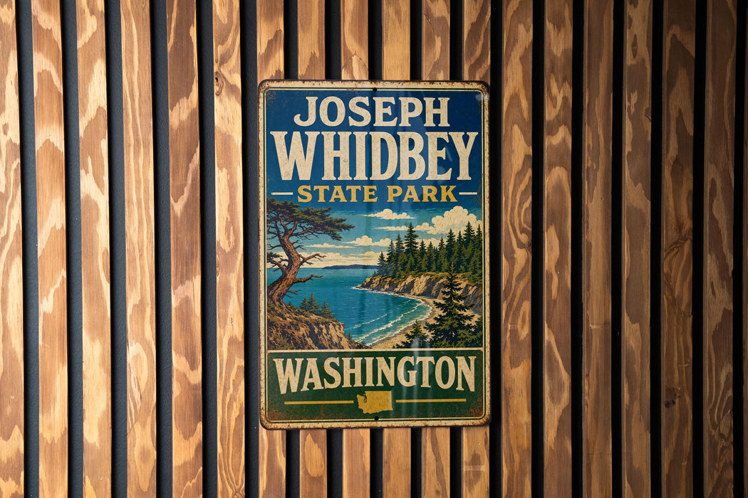 A vintage-style metal sign for Joseph Whidbey State Park in Washington, featuring a scenic landscape with a pine tree and a body of water.
