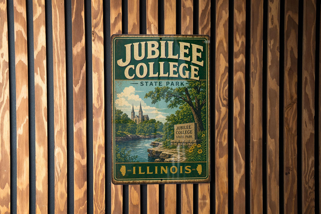 A vintage metal sign for Jubilee College State Park in Illinois, featuring a scenic landscape with a river and trees.