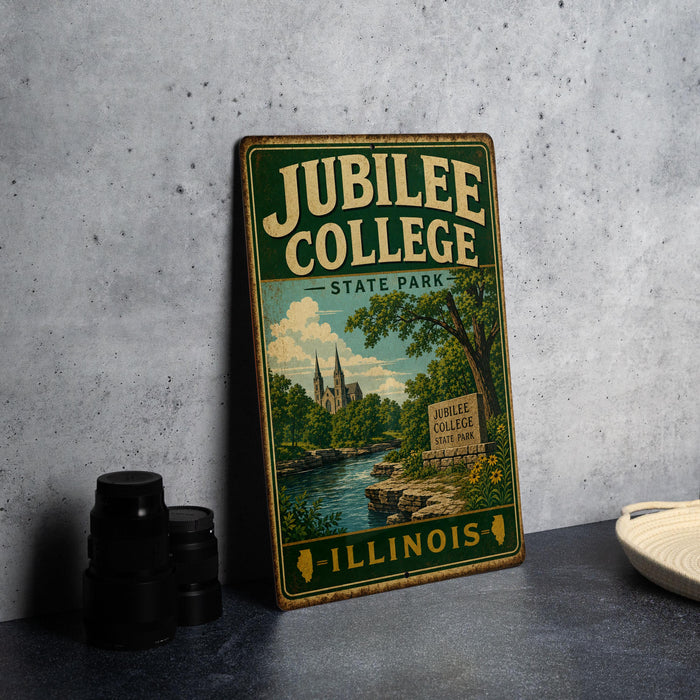 A vintage-style sign for Jubilee College State Park in Illinois, featuring a scenic illustration of the college campus and surrounding landscape.