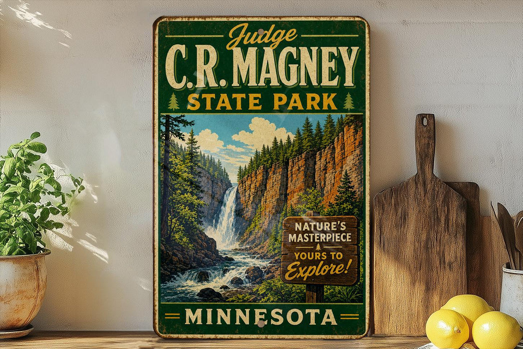 A vintage-style sign for C.R. Magney State Park in Minnesota, featuring a scenic image of a waterfall surrounded by pine trees.