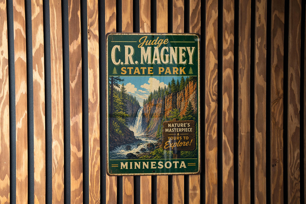 A vintage metal sign for C.R. Magney State Park in Minnesota, featuring a scenic image of a waterfall surrounded by pine trees.