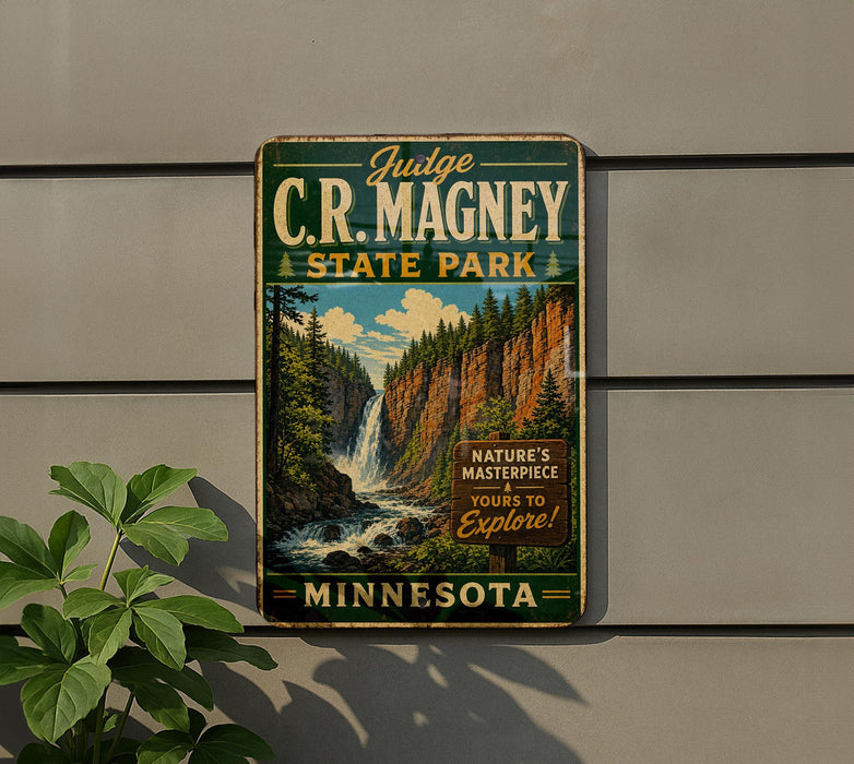 A vintage-style metal sign for C.R. Magney State Park in Minnesota, featuring a scenic image of a waterfall surrounded by trees.