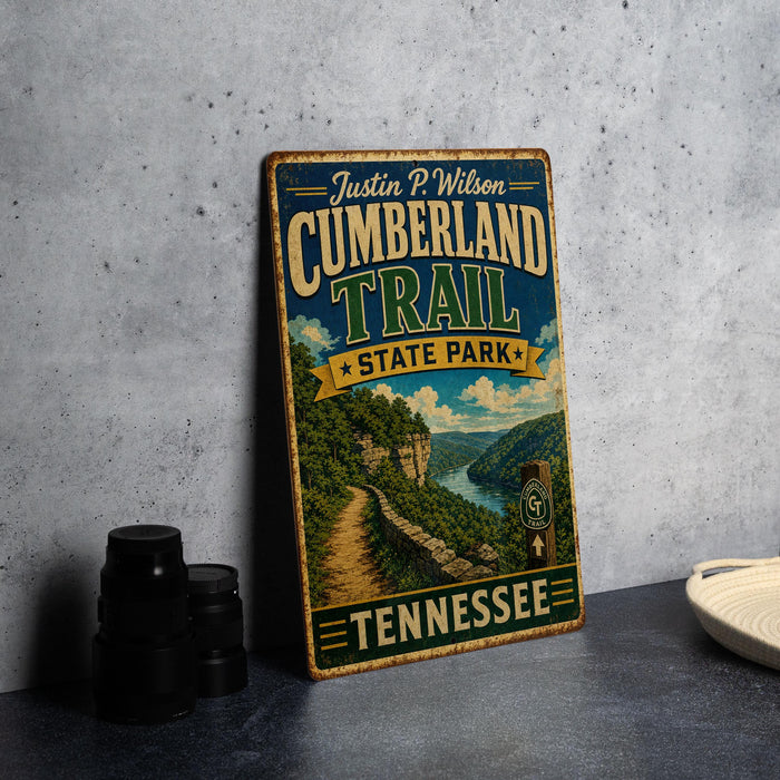 A vintage-style metal sign for the Cumberland Trail in Tennessee, featuring a scenic landscape with a winding path and a river.