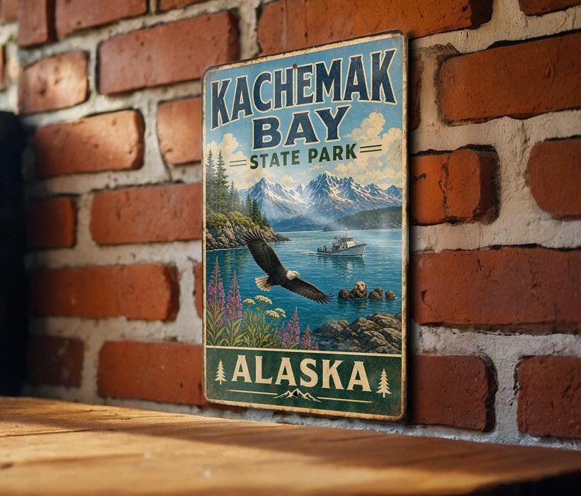 A vintage-style sign for Kachemak Bay State Park in Alaska, featuring a scenic landscape with a bald eagle, mountains, and a lake.