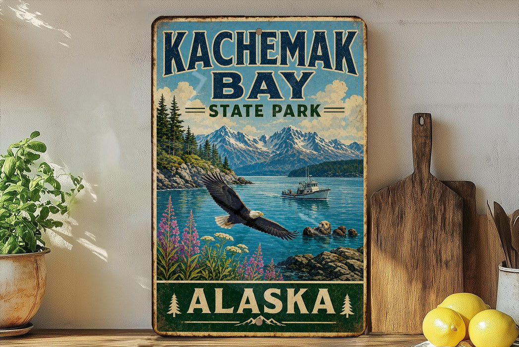 A vintage-style sign for Kachamak Bay State Park in Alaska, featuring a scenic landscape with a bald eagle, mountains, and a lake with a boat.