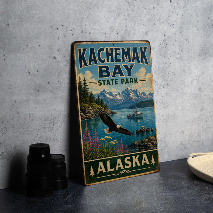 A vintage-style sign for Kachemak Bay State Park in Alaska, featuring a scenic landscape with mountains, a lake, and a bald eagle in flight.
