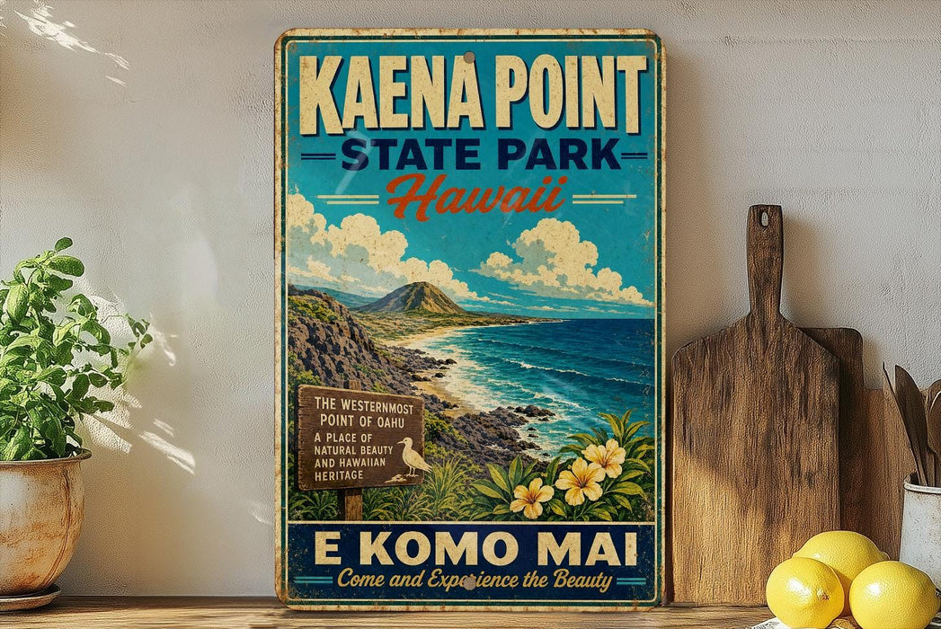A vintage-style sign for Kaena Point State Park in Hawaii, featuring a scenic coastal landscape with mountains, ocean, and flowers.