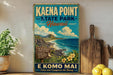 A vintage-style sign for Kaena Point State Park in Hawaii, featuring a scenic coastal landscape with mountains, ocean, and flowers.