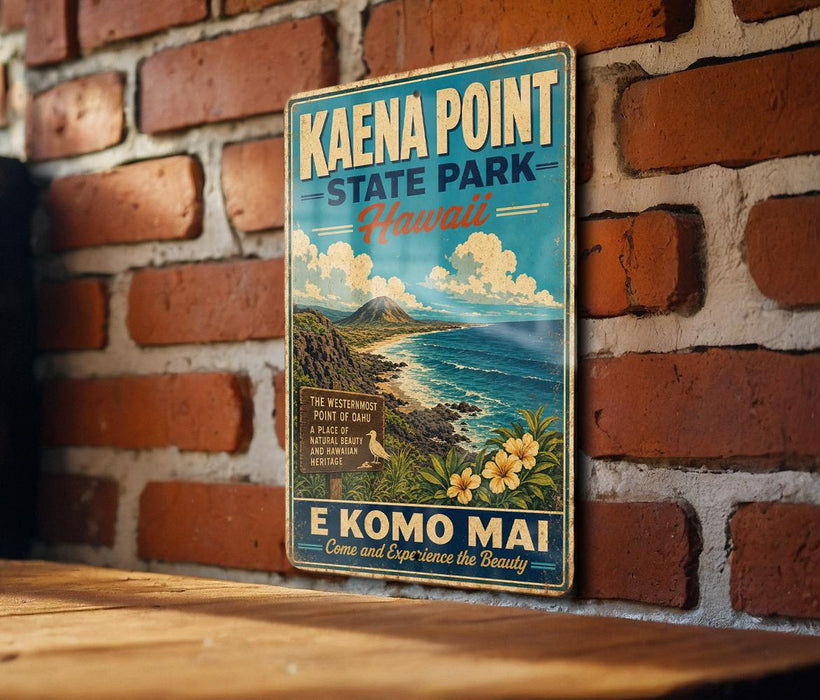 A vintage-style metal sign for Kaena Point State Park in Hawaii, featuring a scenic illustration of the park's landscape and beach.