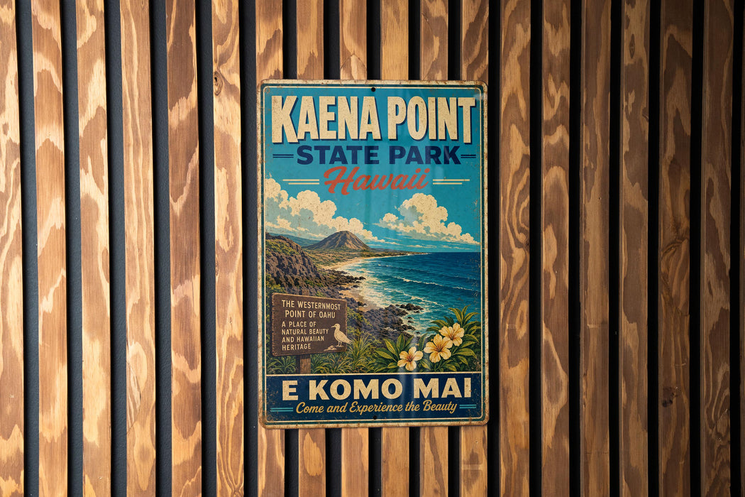 A vintage-style sign for Kaena Point State Park in Hawaii, featuring a scenic illustration of the park's landscape with mountains, ocean, and tropical flowers.