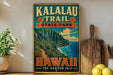 A vintage-style metal sign for Kalalau Trail State Park in Hawaii, featuring a scenic mountain landscape with a path leading to the ocean.
