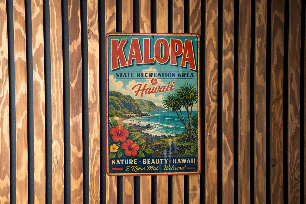 A vintage metal sign for the Kalapa State Recreation Area in Hawaii, featuring a tropical landscape with palm trees, flowers, and a beach.
