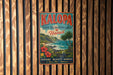 A vintage metal sign for the Kalapa State Recreation Area in Hawaii, featuring a tropical landscape with palm trees, flowers, and a beach.
