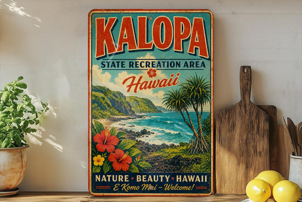 A vintage-style sign for the Kalapa State Recreation Area in Hawaii, featuring a tropical beach landscape with palm trees, flowers, and the ocean.
