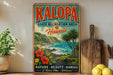 A vintage-style sign for the Kalapa State Recreation Area in Hawaii, featuring a tropical beach landscape with palm trees, flowers, and the ocean.