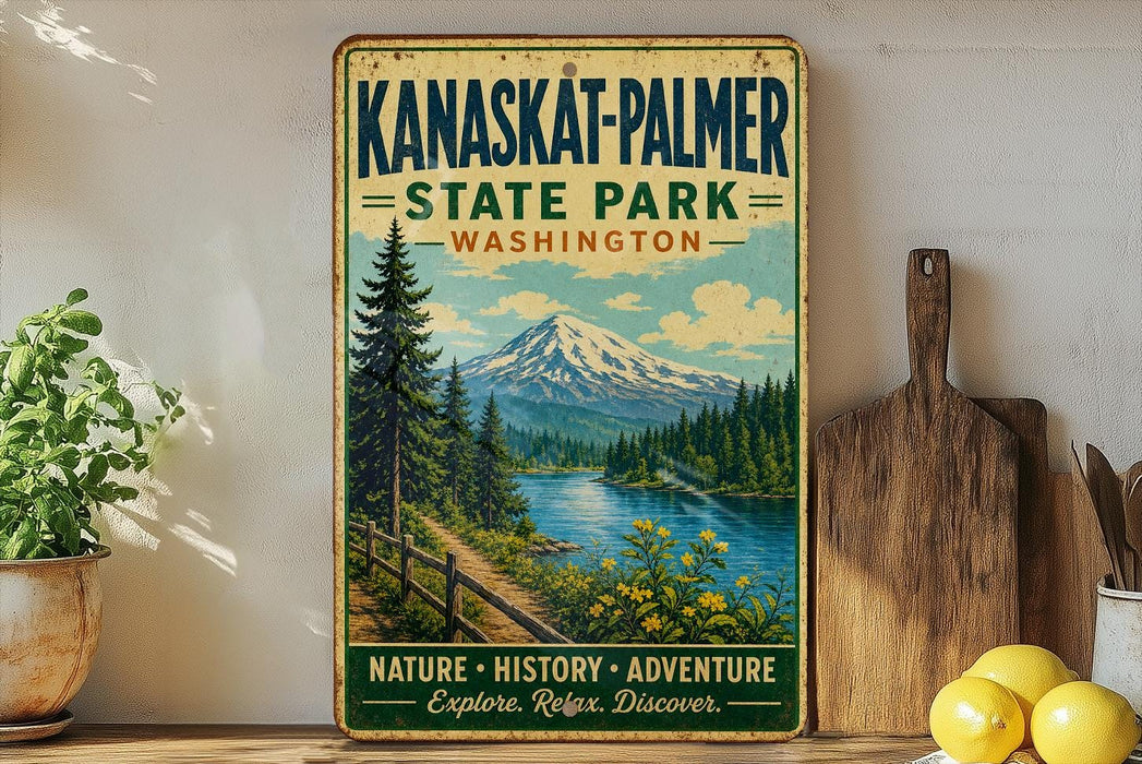 A vintage-style sign for Kanaskat-Palmer State Park in Washington, featuring a scenic mountain landscape with a river and pine trees.