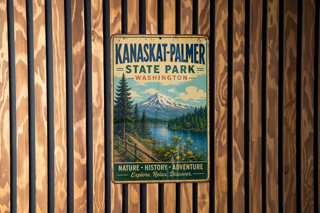 A vintage metal sign for Kanaskat-Palmer State Park in Washington, featuring a scenic mountain landscape with a river and forest.