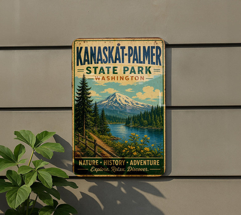 A vintage-style metal sign for Kanaskat-Palmer State Park in Washington, featuring a scenic mountain landscape and a path leading to a lake.