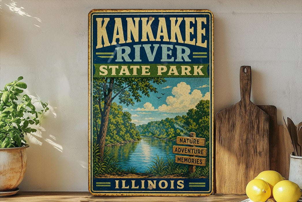 A vintage-style sign for Kankakee River State Park in Illinois, featuring a scenic illustration of the river surrounded by lush greenery.
