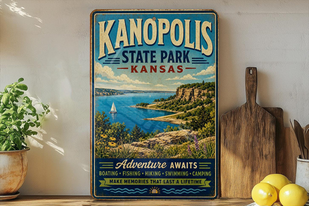 A vintage-style metal sign for Kanopolis State Park in Kansas, featuring a scenic landscape with a lake, mountains, and a sailboat.