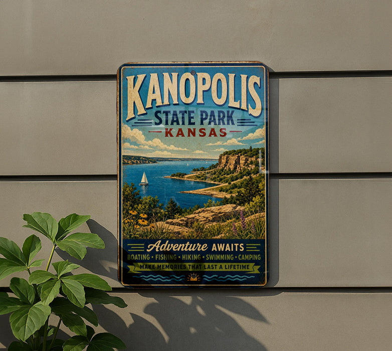 A vintage-style metal sign for Kanopolis State Park in Kansas, featuring a scenic landscape with a lake, mountains, and a sailboat.