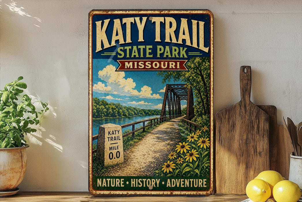 A vintage-style metal sign for Katy Trail State Park in Missouri, featuring a scenic illustration of a bridge, path, and surrounding landscape.