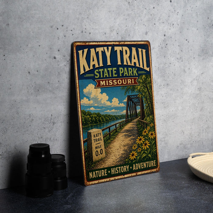 A vintage-style metal sign for Katy Trail State Park, Missouri, featuring a scenic illustration of a trail, bridge, and surrounding nature.