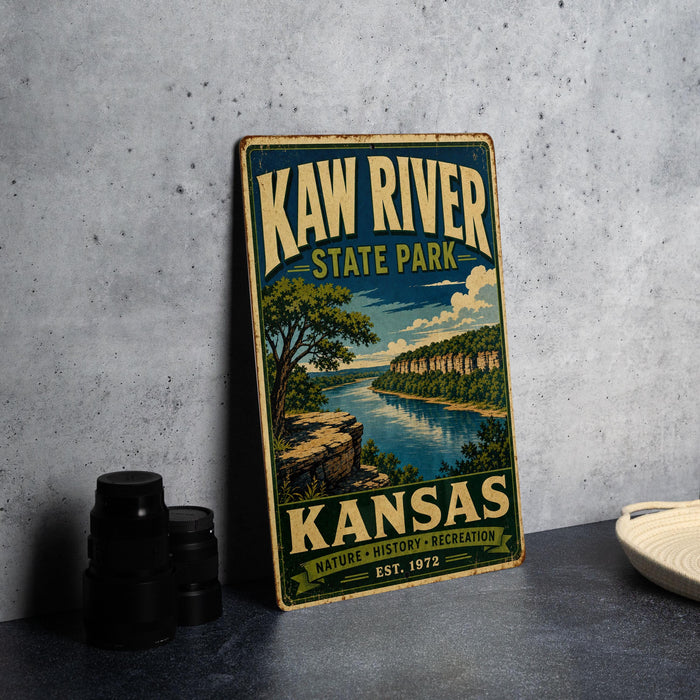 A vintage-style metal sign for Kaw River State Park in Kansas, featuring a scenic illustration of the park's natural landscape.