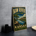 A vintage-style metal sign for Kaw River State Park in Kansas, featuring a scenic illustration of the park's natural landscape.