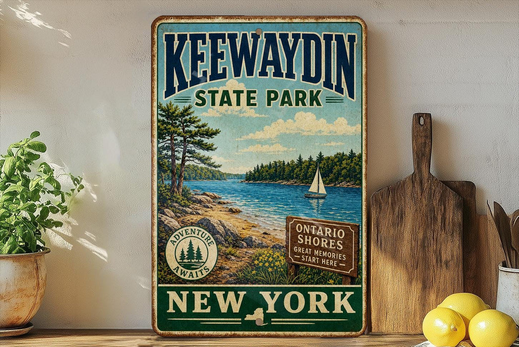 A vintage-style metal sign for Kewaydin State Park, featuring a scenic landscape with a lake, pine trees, and a sailboat.