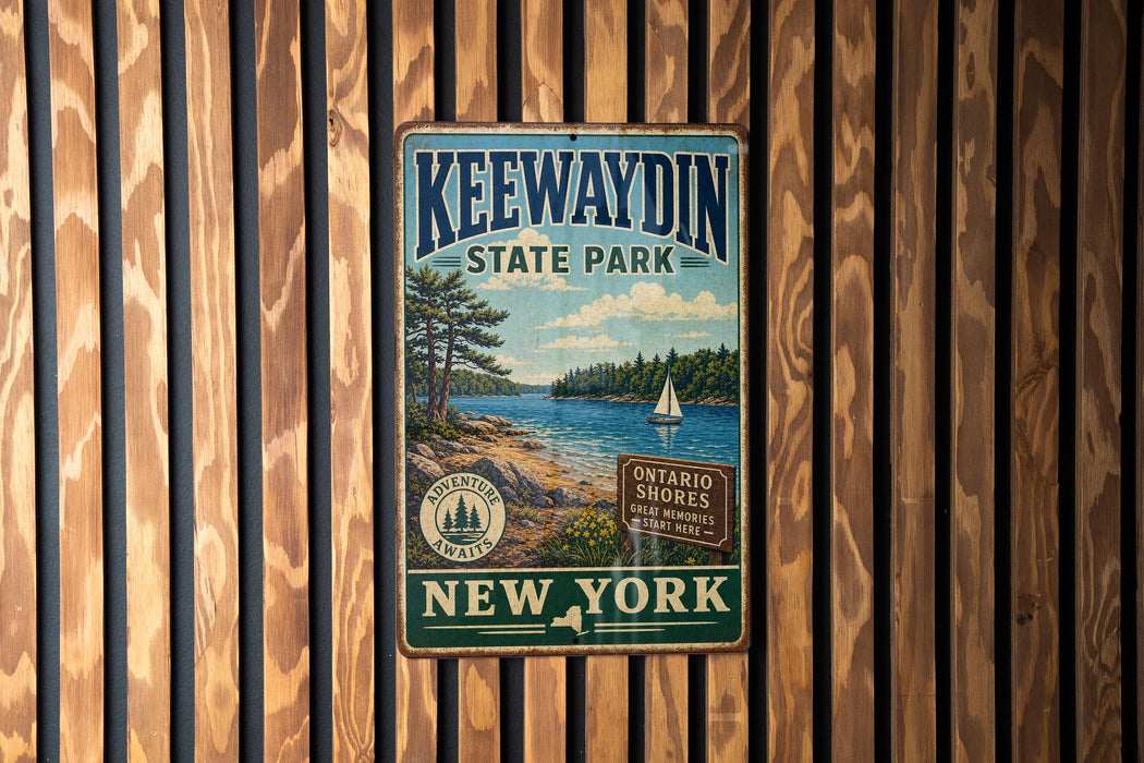 A vintage metal sign for Kewaydin State Park, featuring a scenic landscape with a lake, pine trees, and a sailboat.
