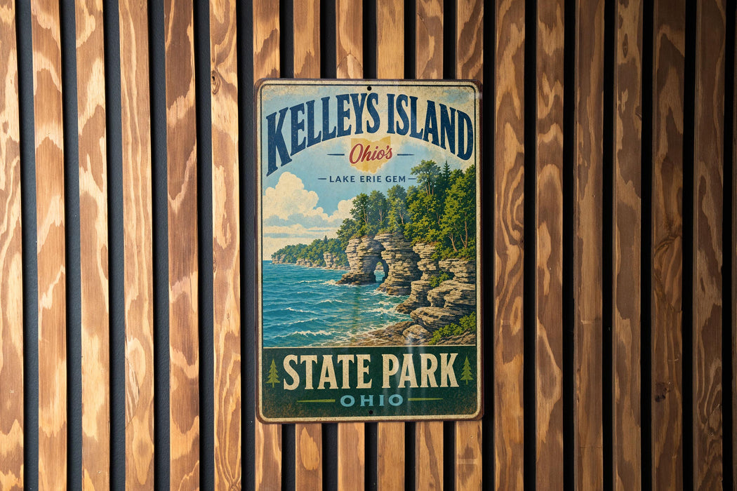 A vintage metal sign for Kelley's Island State Park, Ohio, featuring a scenic landscape with a lake, cliffs, and trees.