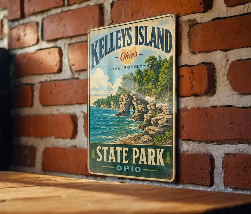 A vintage-style metal sign for Kelley's Island, Ohio, featuring a scenic landscape with a lake, cliffs, and trees.