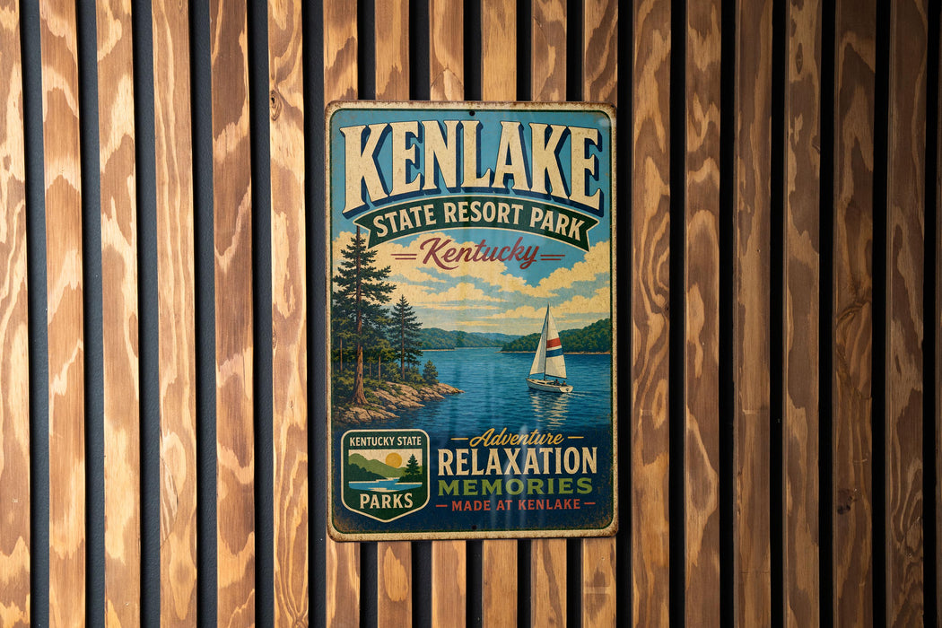 A vintage-style metal sign for Kenlake State Resort Park in Kentucky, featuring a scenic image of a lake with a sailboat and pine trees.