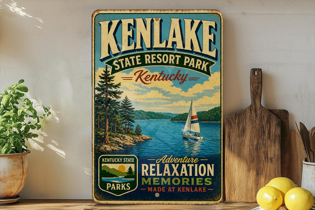 A vintage-style sign for Kenlake State Resort Park in Kentucky, featuring a scenic image of a lake with a sailboat, surrounded by pine trees and mountains.