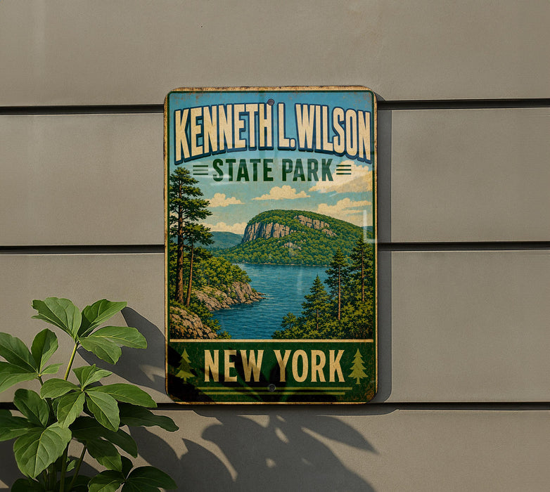 A vintage-style sign for Kenneth L. Wilson State Park in New York, featuring a scenic landscape with a lake and mountains.