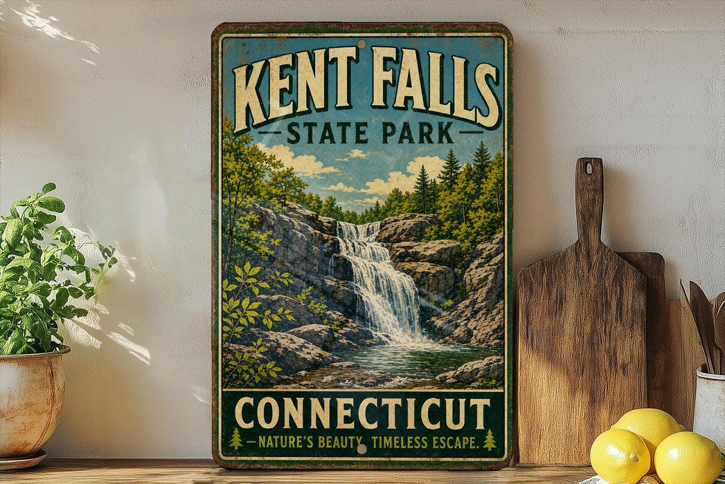A vintage-style sign for Kent Falls State Park in Connecticut, featuring a scenic image of a waterfall surrounded by lush greenery.
