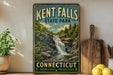 A vintage-style sign for Kent Falls State Park in Connecticut, featuring a scenic image of a waterfall surrounded by lush greenery.