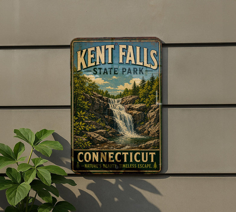 A vintage metal sign for Kent Falls State Park in Connecticut, featuring a scenic waterfall surrounded by lush greenery.