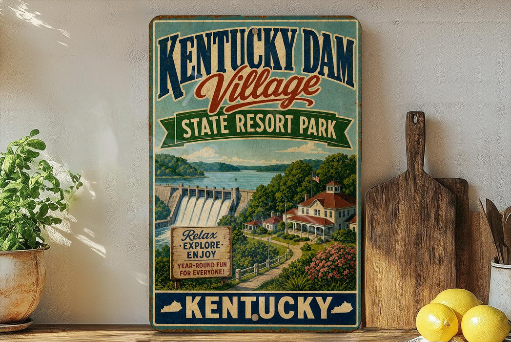 A vintage-style sign for Kentucky Dam Village State Resort Park, featuring a scenic illustration of the park and its surroundings.