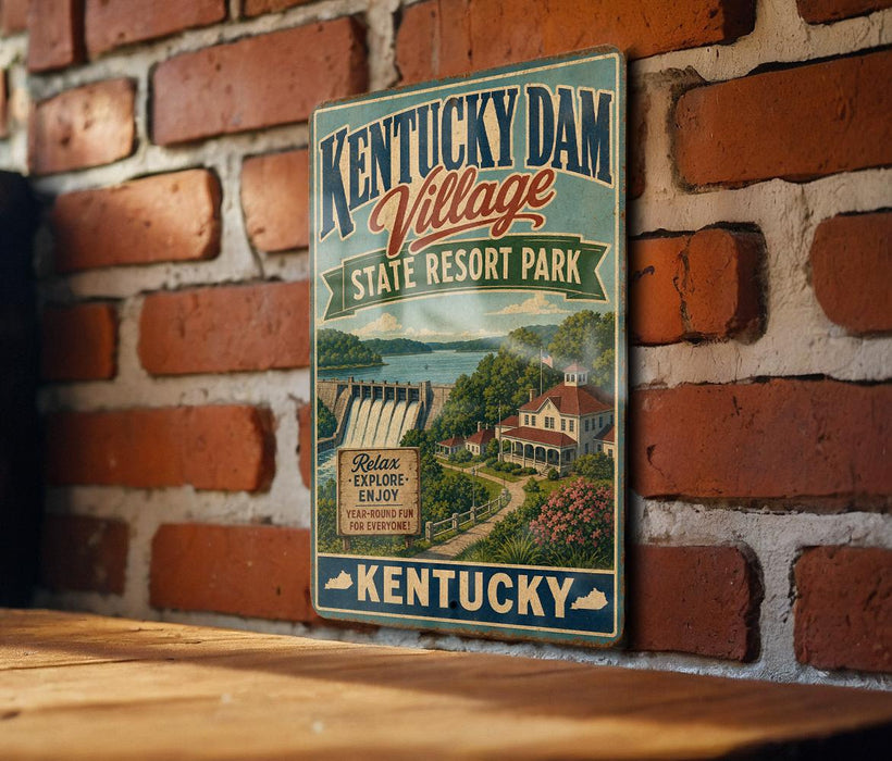 A vintage-style sign for Kentucky Dam Village, State Resort Park, and the Kentucky State Resort Park, featuring a scenic illustration of the area.