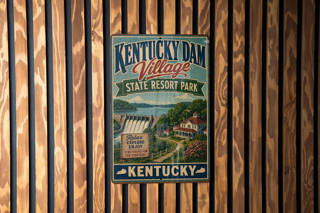 A vintage-style sign for Kentucky Dam Village State Resort Park, featuring a scenic illustration of the park and its surroundings.