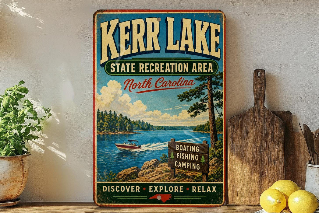 A vintage-style sign for Kerr Lake, North Carolina, featuring a scenic image of a lake with a boat, surrounded by trees and mountains.