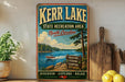 A vintage-style sign for Kerr Lake, North Carolina, featuring a scenic image of a lake with a boat, surrounded by trees and mountains.
