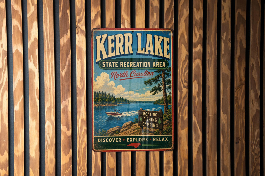 A vintage metal sign for Kerr Lake, North Carolina, featuring a scenic image of the lake and surrounding landscape.