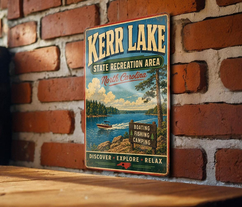 A vintage metal sign for Kerr Lake, North Carolina, featuring a scenic image of a lake, boats, and trees.
