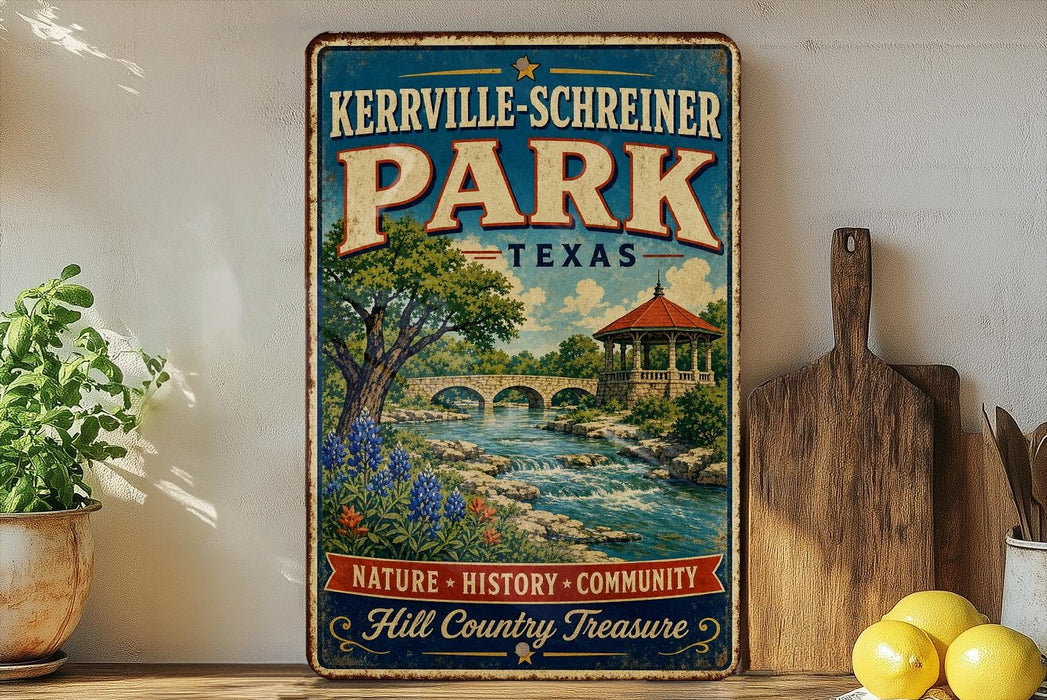 A vintage-style sign for Kerrville Schreiner Park in Texas, featuring a scenic illustration of a river, bridge, and surrounding nature.