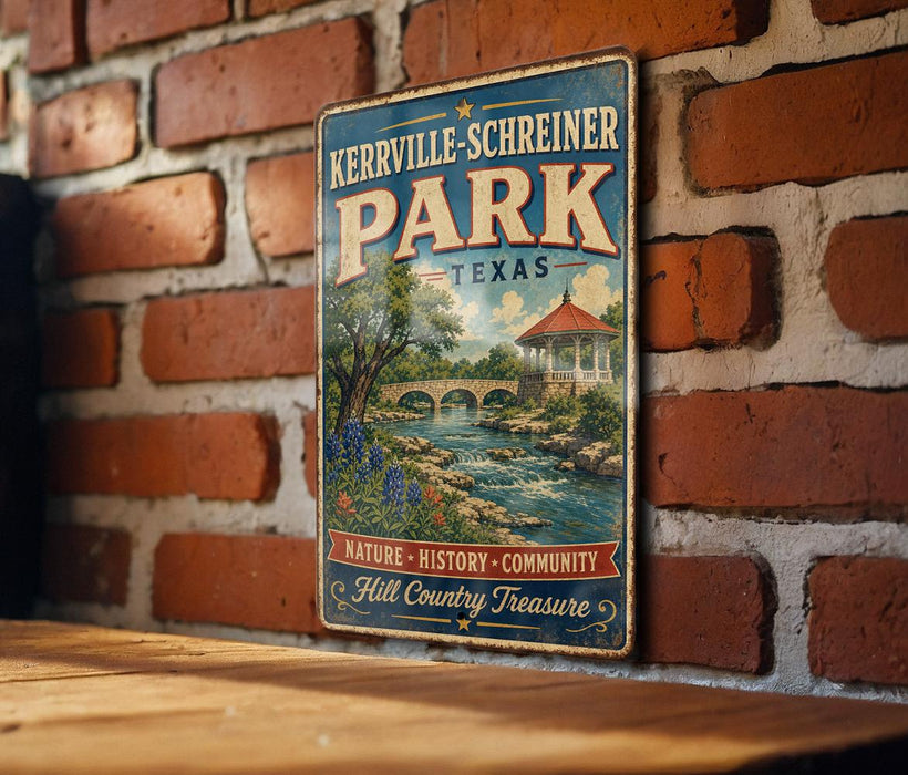 A vintage metal sign for Kerrville-Schreiner Park in Texas, featuring a scenic illustration of a bridge and a river.