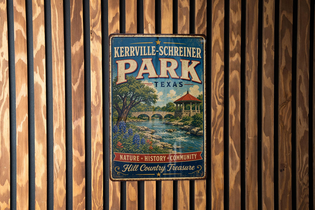 A vintage metal sign for Kerrville-Schreiner Park in Texas, featuring a scenic illustration of a river, bridge, and surrounding landscape.